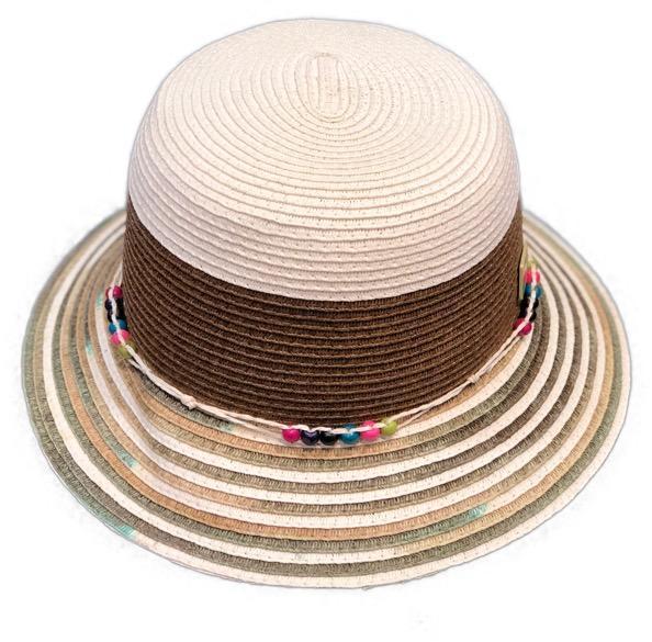 Brown striped 'Zoe' bucket hat with rustic cord trim and beads, featuring a 3-inch brim and adjustable drawstring.