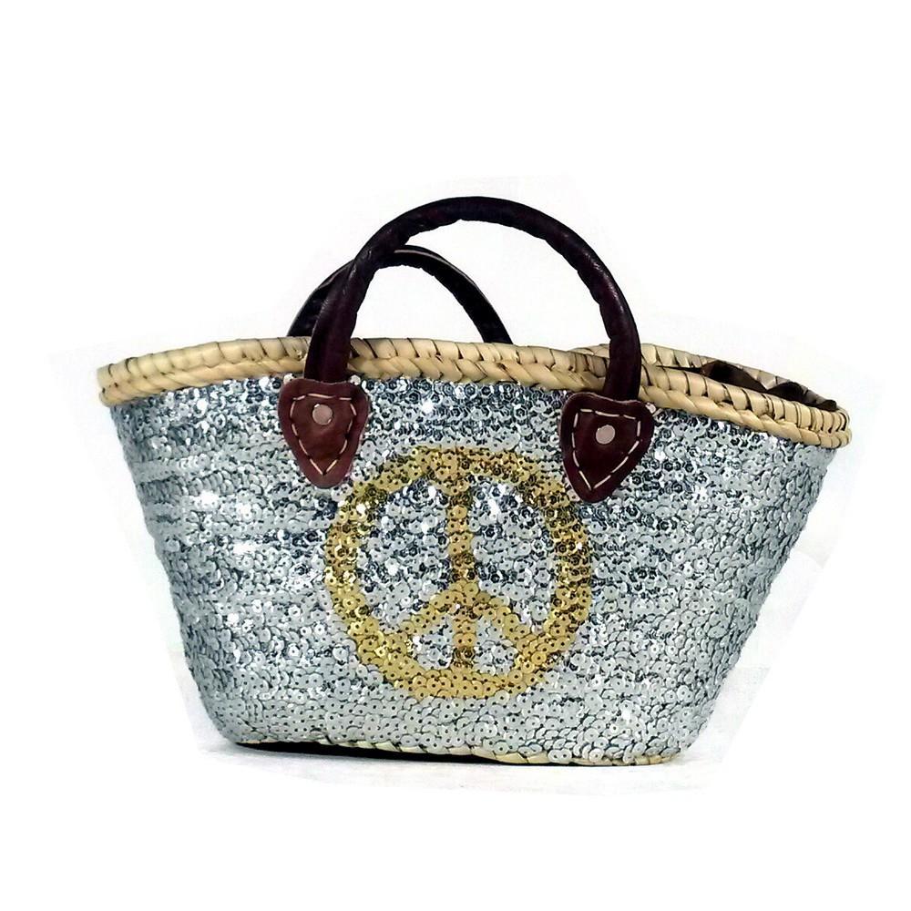 Calla Small Silver Sequin Basket featuring a Gold Peace Sign, handmade with silver sequins and natural leather arches.