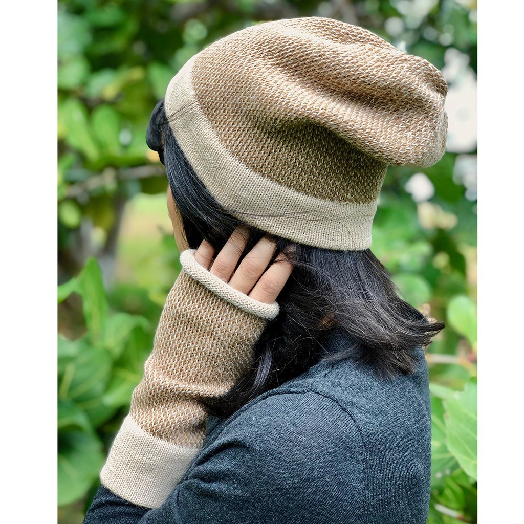 Camel Interwoven Alpaca Beanie showcasing a textured design, made from 100% alpaca fiber, perfect for stylish warmth.