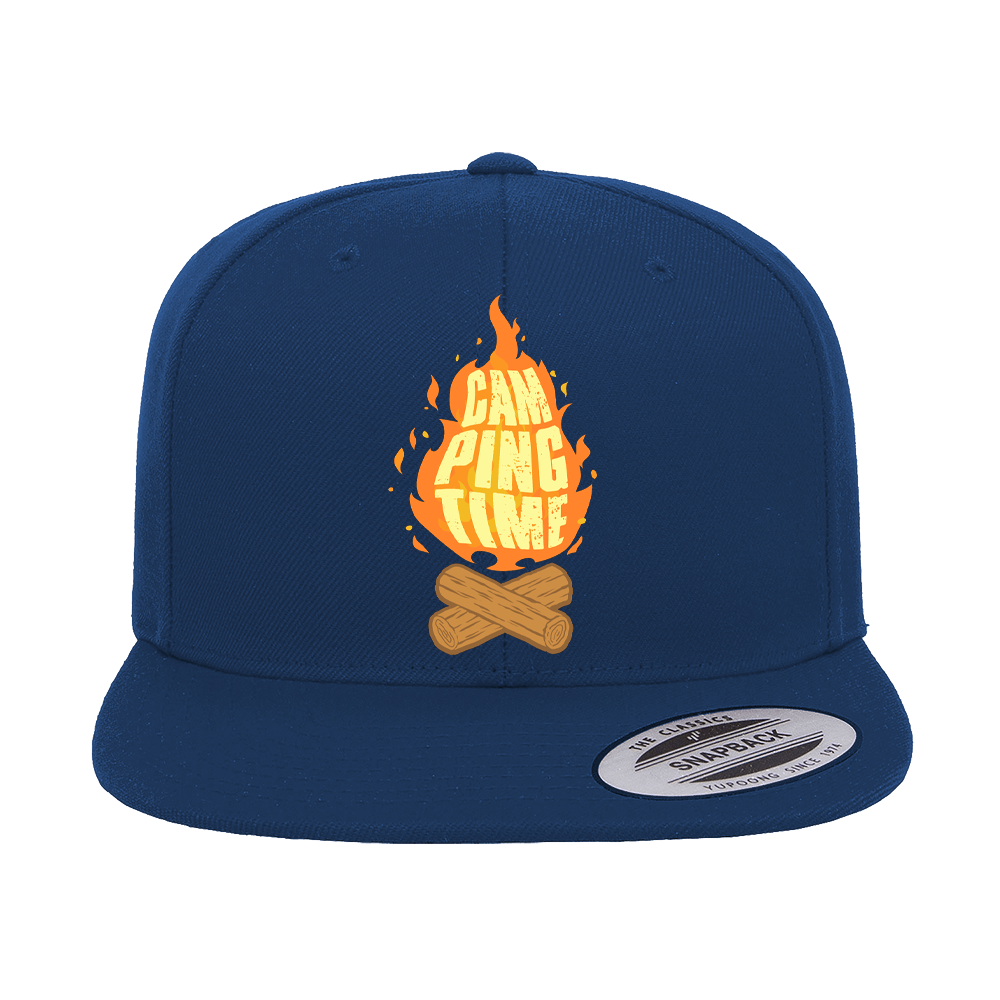 Camp Fire Printed Flat Bill Cap featuring a structured design, green under visor, and snapback closure, perfect for outdoor adventures.