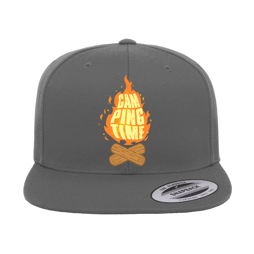 Camp Fire Printed Flat Bill Cap featuring a structured design, green under visor, and snapback closure, perfect for outdoor adventures.