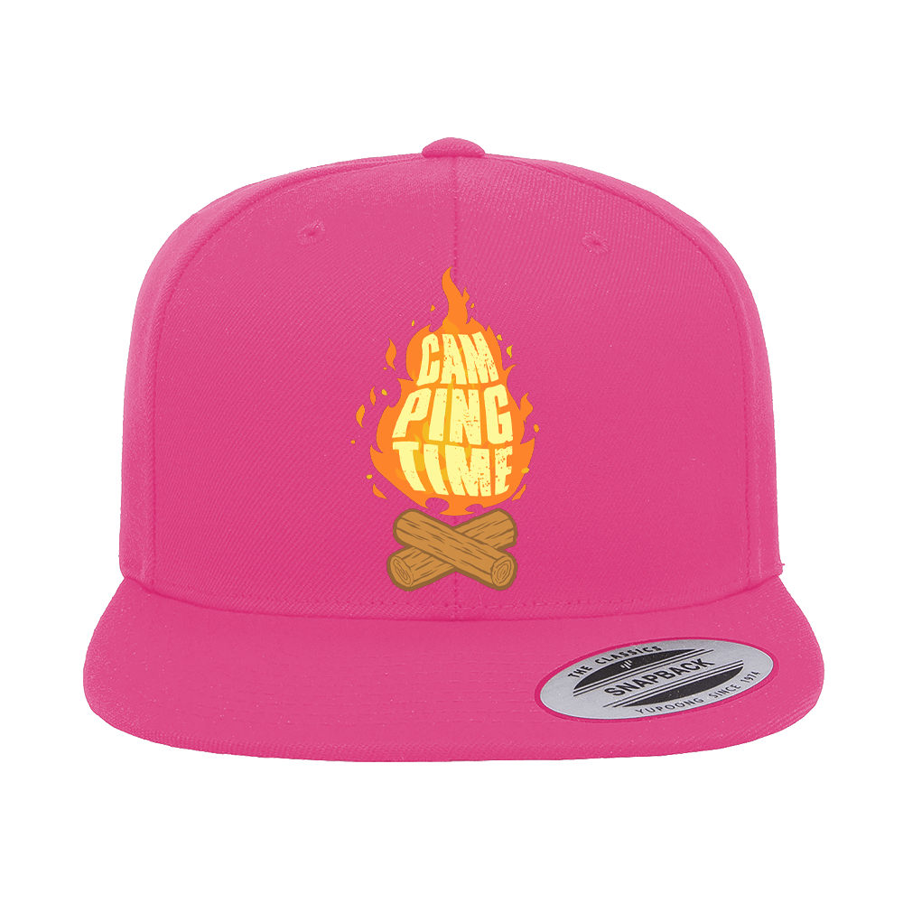 Camp Fire Printed Flat Bill Cap featuring a structured design, green under visor, and snapback closure, perfect for outdoor adventures.