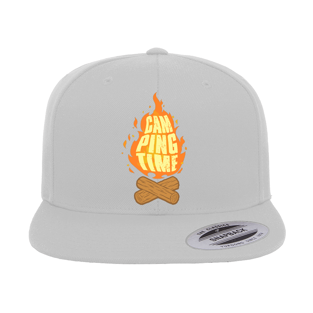 Camp Fire Printed Flat Bill Cap featuring a structured design, green under visor, and snapback closure, perfect for outdoor adventures.