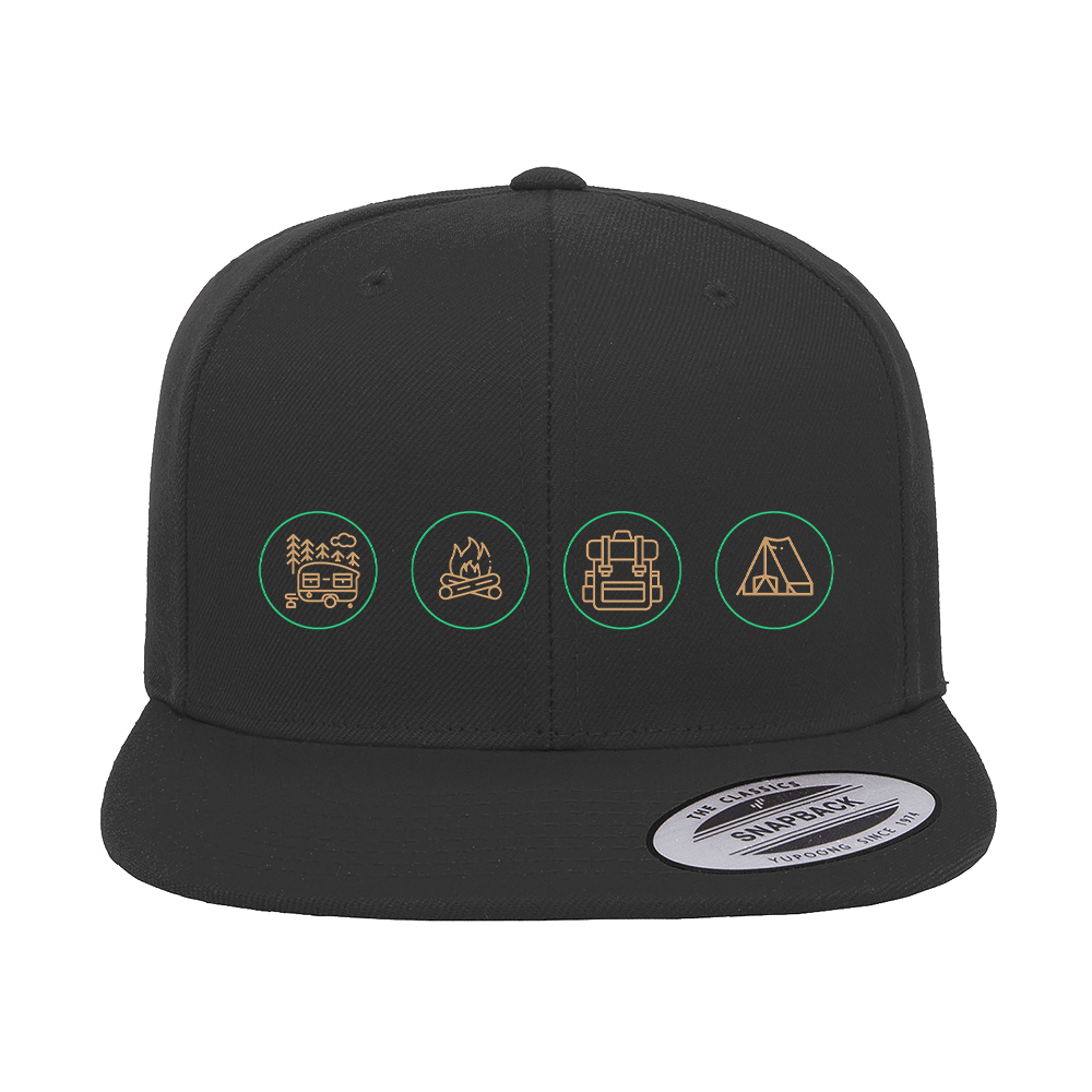 Camp Life Embroidered Flat Bill Cap featuring a structured design, green under visor, and adjustable snapback closure.