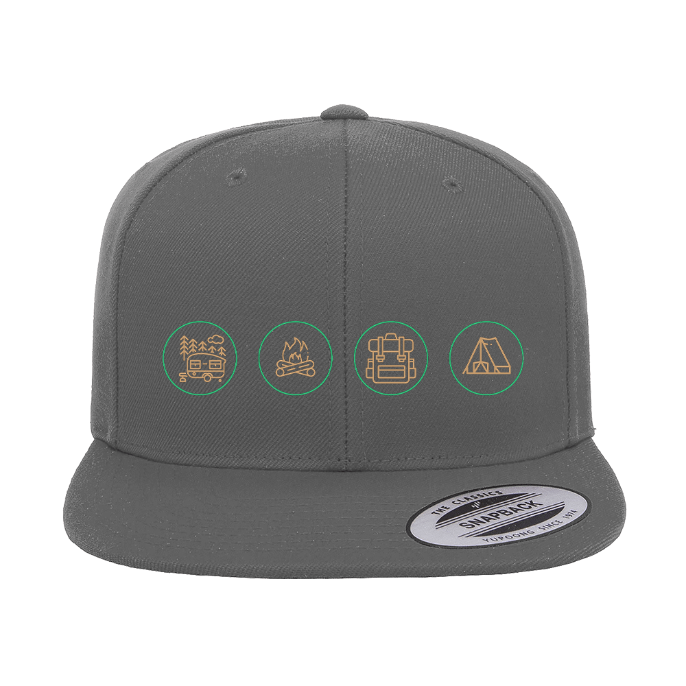 Camp Life Embroidered Flat Bill Cap featuring a structured design, green under visor, and adjustable snapback closure.