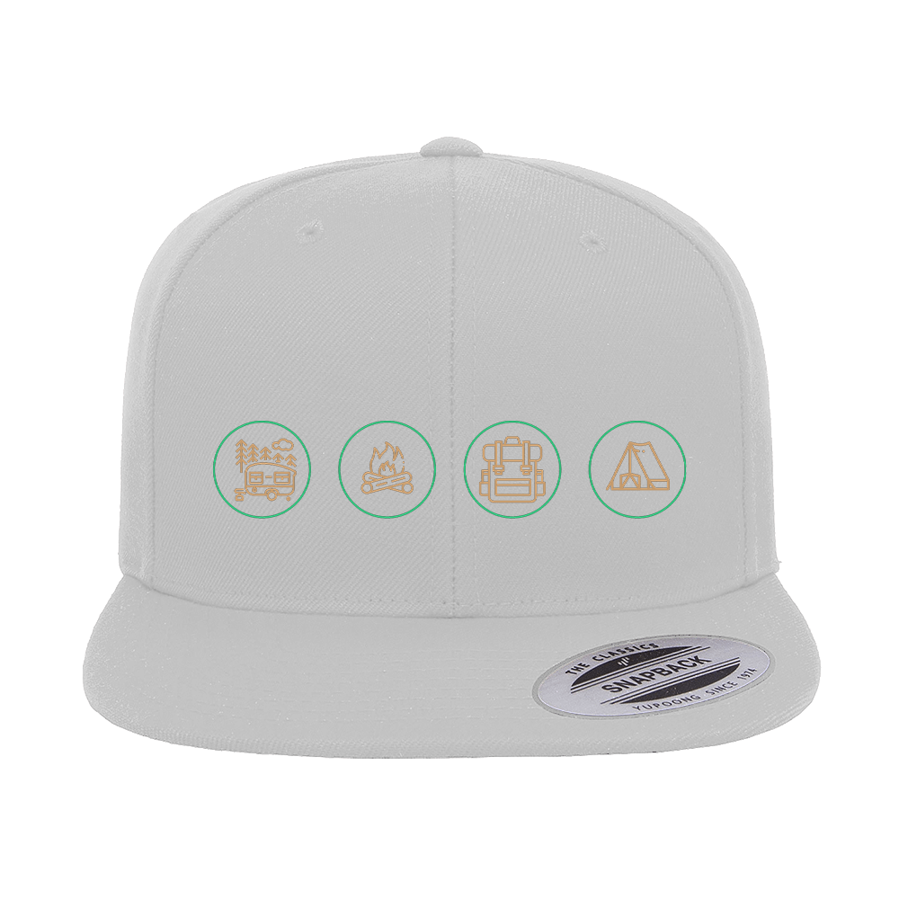 Camp Life Embroidered Flat Bill Cap featuring a structured design, green under visor, and adjustable snapback closure.