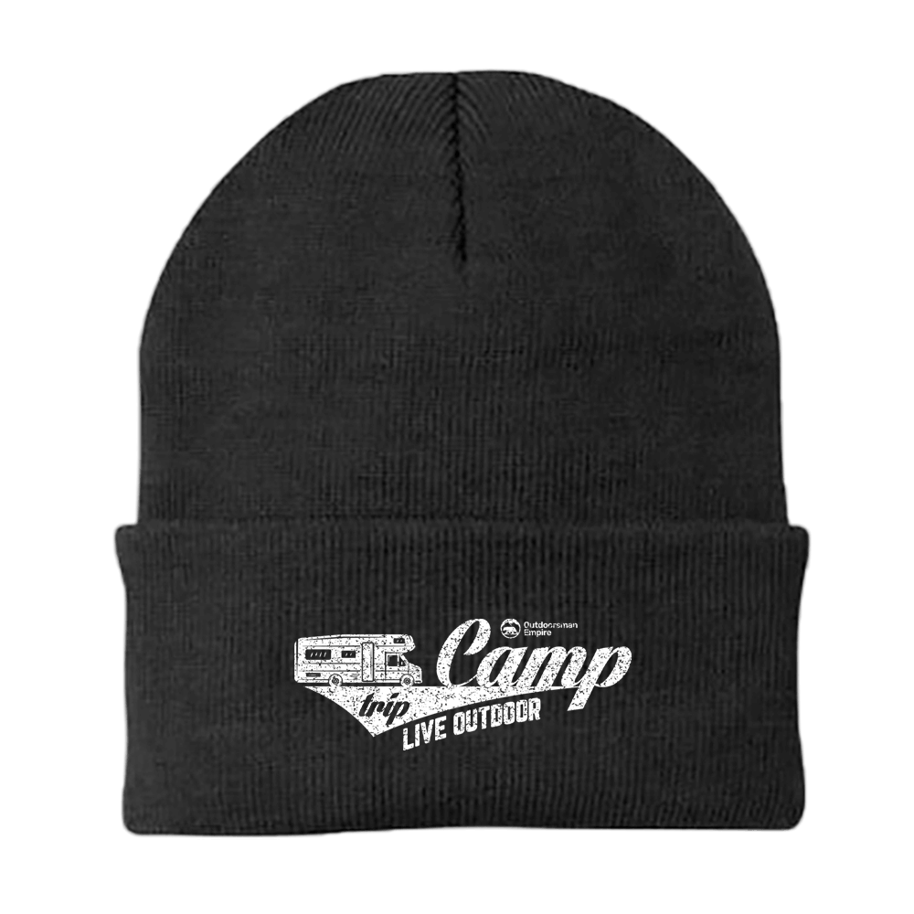 A stylish Camp Trip Embroidered Beanie featuring a unique design, made from a breathable cotton-acrylic blend, perfect for outdoor activities.