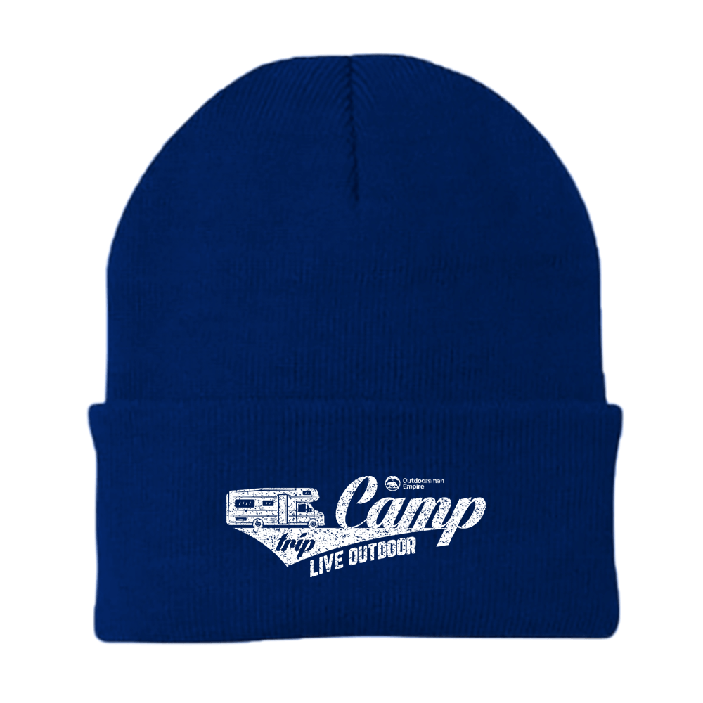 A stylish Camp Trip Embroidered Beanie featuring a unique design, made from a breathable cotton-acrylic blend, perfect for outdoor activities.