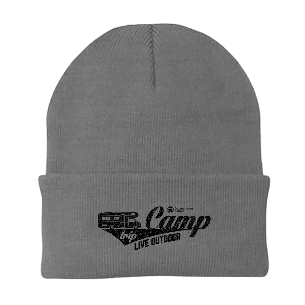 A stylish Camp Trip Embroidered Beanie featuring a unique design, made from a breathable cotton-acrylic blend, perfect for outdoor activities.