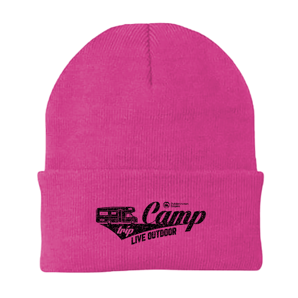 A stylish Camp Trip Embroidered Beanie featuring a unique design, made from a breathable cotton-acrylic blend, perfect for outdoor activities.