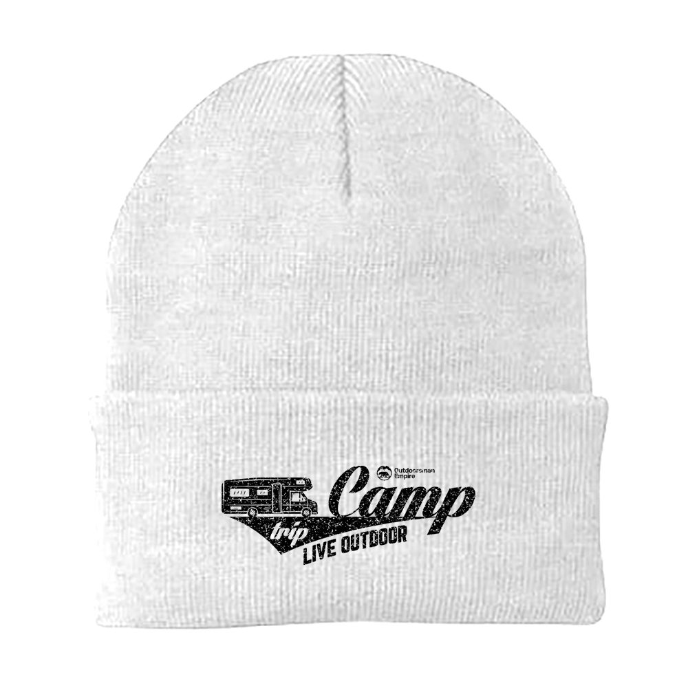 A stylish Camp Trip Embroidered Beanie featuring a unique design, made from a breathable cotton-acrylic blend, perfect for outdoor activities.