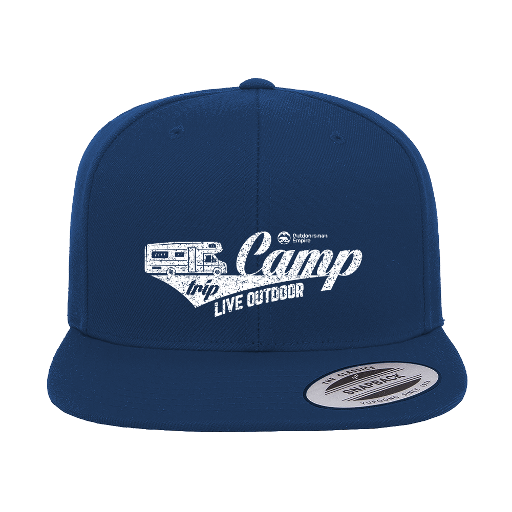 Camp Trip Embroidered Flat Bill Cap featuring a structured design, green under visor, and adjustable snapback closure.