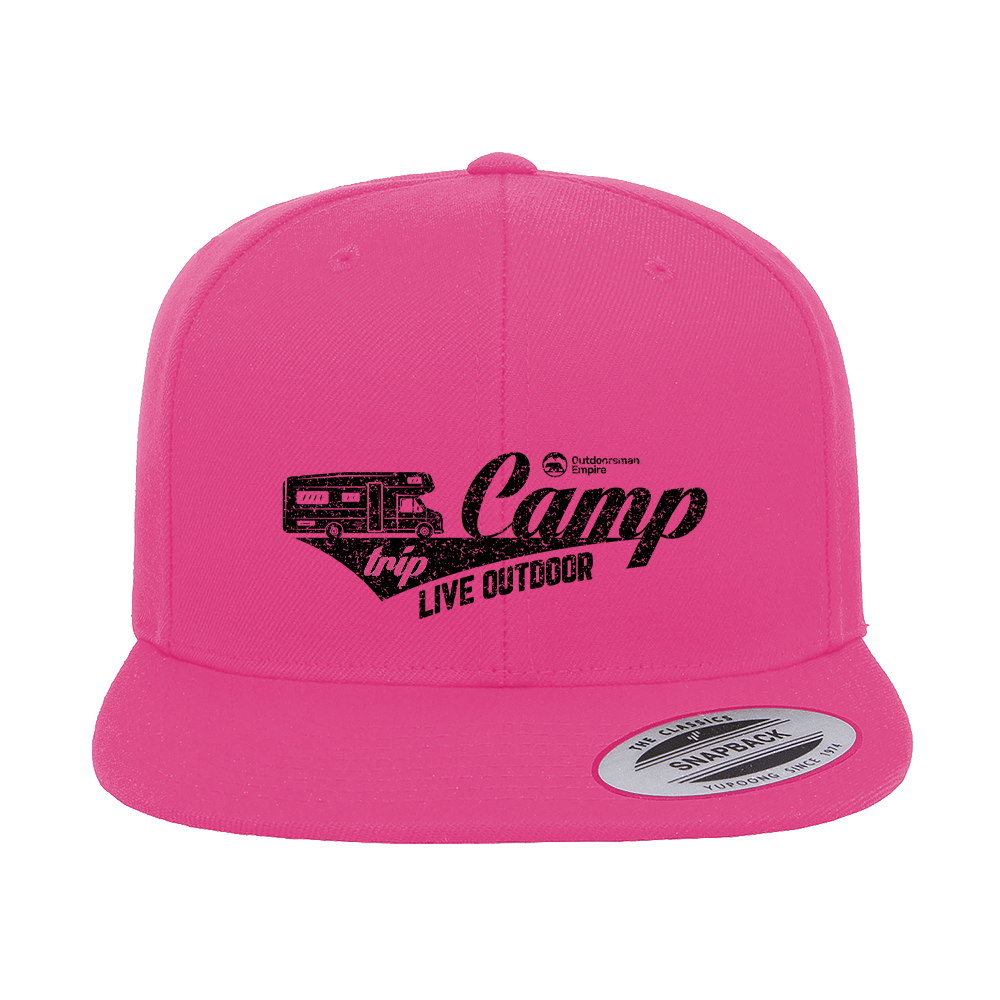 Camp Trip Embroidered Flat Bill Cap featuring a structured design, green under visor, and adjustable snapback closure.