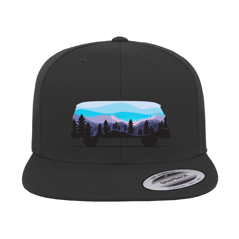 Camper Printed Flat Bill Cap featuring a structured design, green under visor, and adjustable snapback closure, perfect for casual wear.