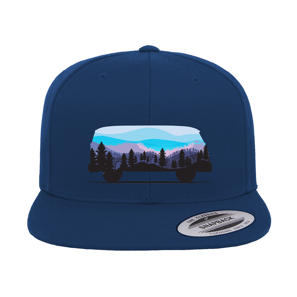 Camper Printed Flat Bill Cap featuring a structured design, green under visor, and adjustable snapback closure, perfect for casual wear.