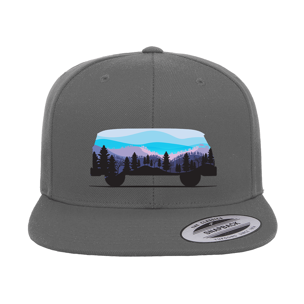 Camper Printed Flat Bill Cap featuring a structured design, green under visor, and adjustable snapback closure, perfect for casual wear.