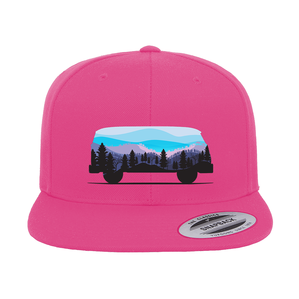 Camper Printed Flat Bill Cap featuring a structured design, green under visor, and adjustable snapback closure, perfect for casual wear.