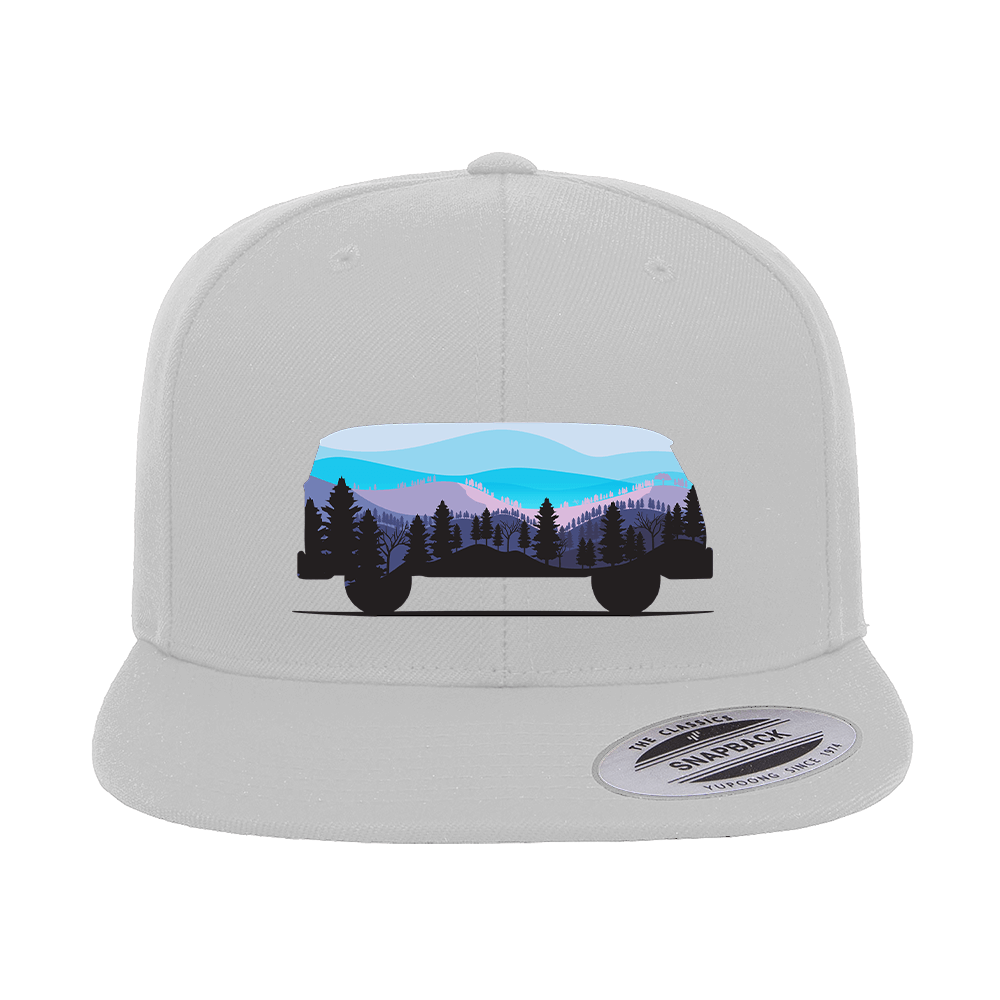 Camper Printed Flat Bill Cap featuring a structured design, green under visor, and adjustable snapback closure, perfect for casual wear.