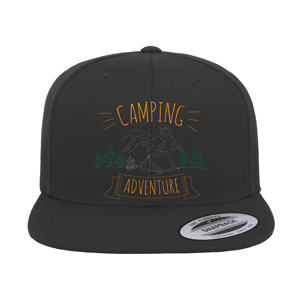 Camping Adventure Printed Flat Bill Cap featuring a structured design, green under visor, and snapback closure, perfect for outdoor activities.