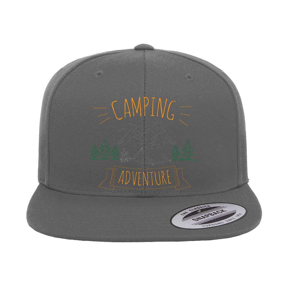 Camping Adventure Printed Flat Bill Cap featuring a structured design, green under visor, and snapback closure, perfect for outdoor activities.