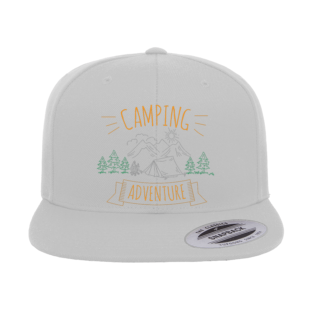 Camping Adventure Printed Flat Bill Cap featuring a structured design, green under visor, and snapback closure, perfect for outdoor activities.