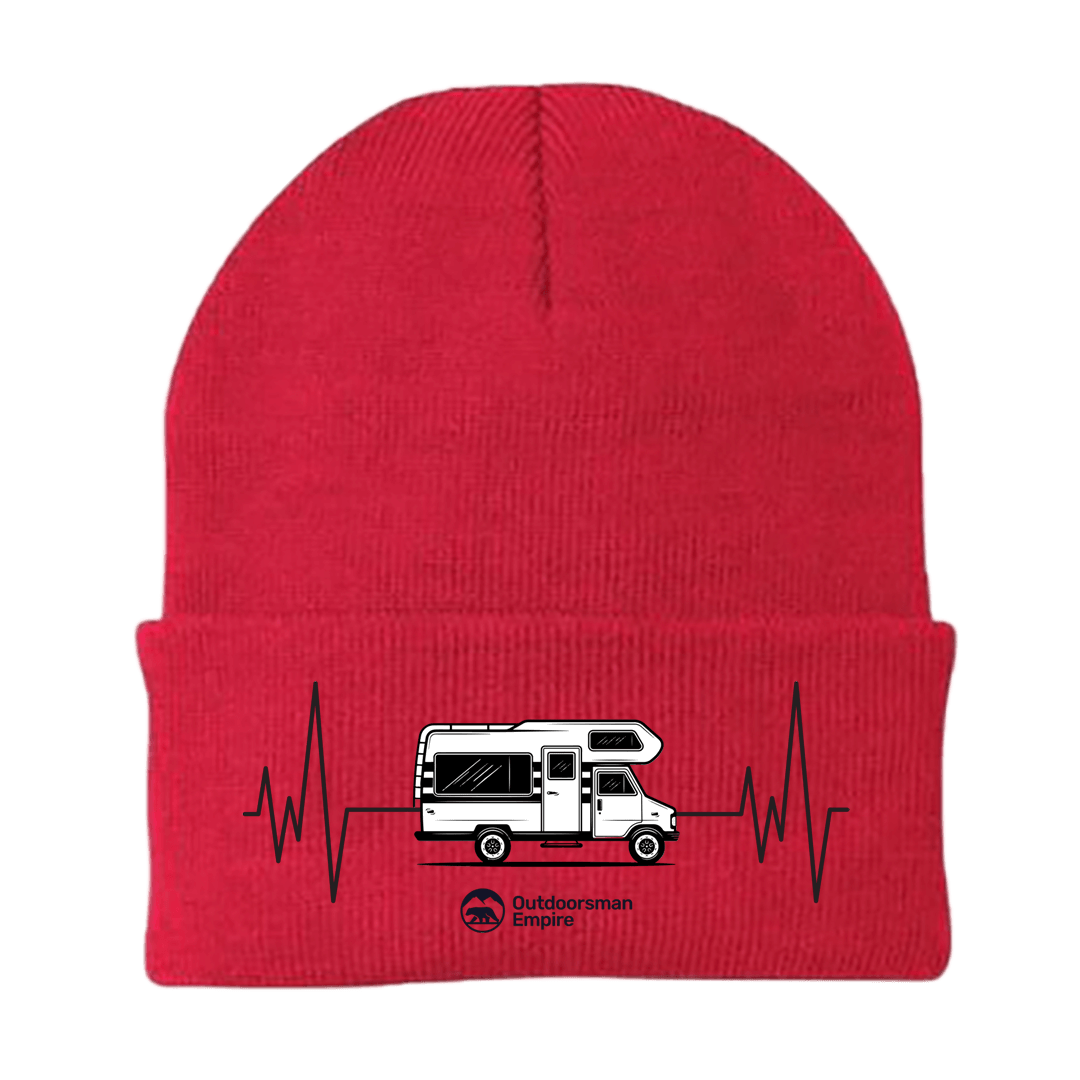 Camping Cardiogram Embroidered Beanie featuring a unique cardiogram design, made from a soft cotton-acrylic blend, perfect for outdoor activities.