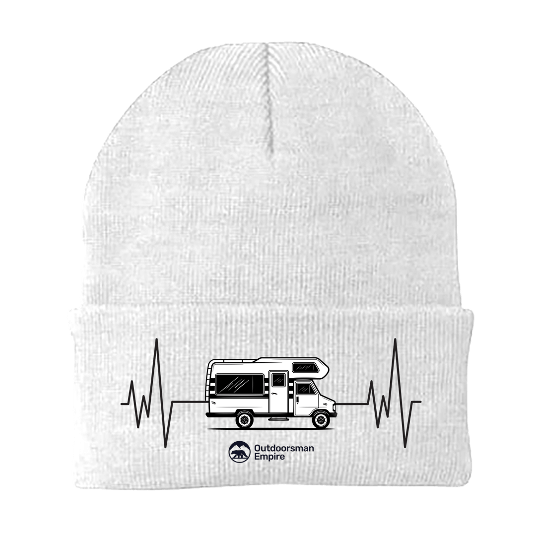 Camping Cardiogram Embroidered Beanie featuring a unique cardiogram design, made from a soft cotton-acrylic blend, perfect for outdoor activities.