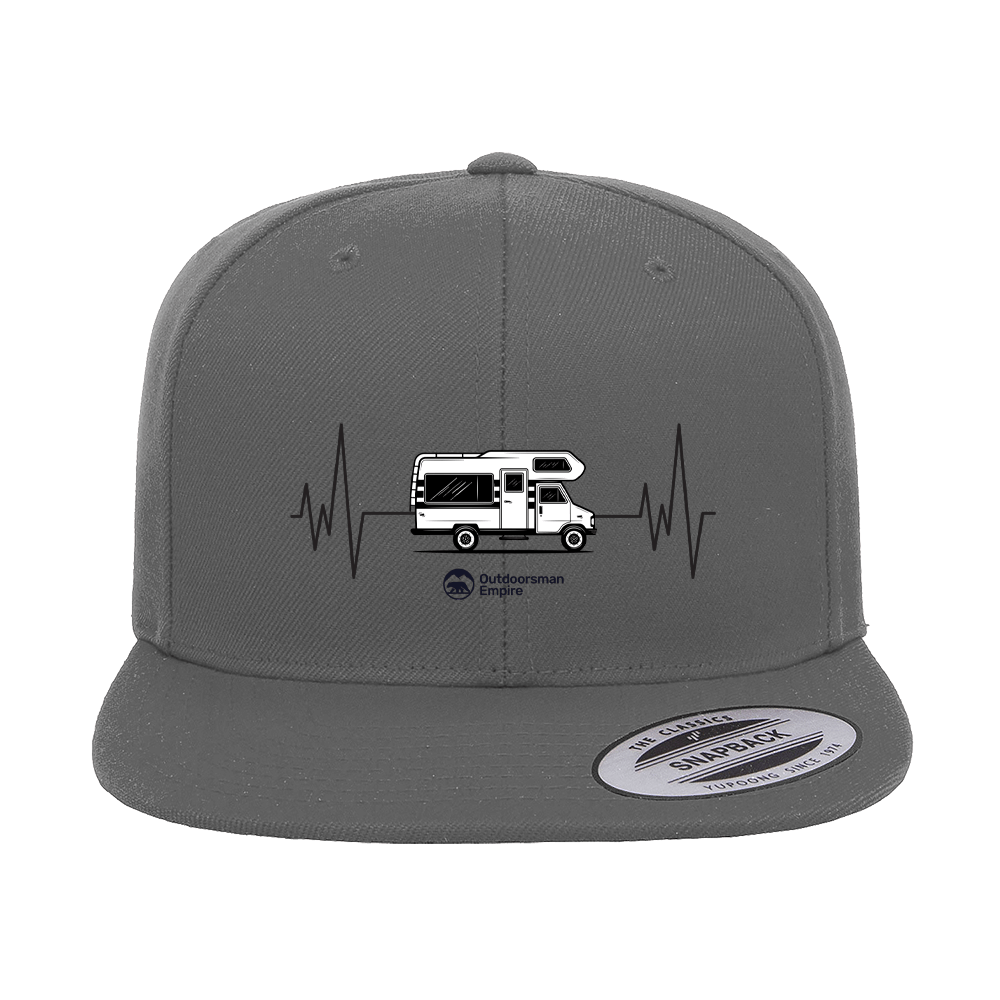 Camping Cardiogram Embroidered Flat Bill Cap featuring a structured design, green under visor, and snapback closure.