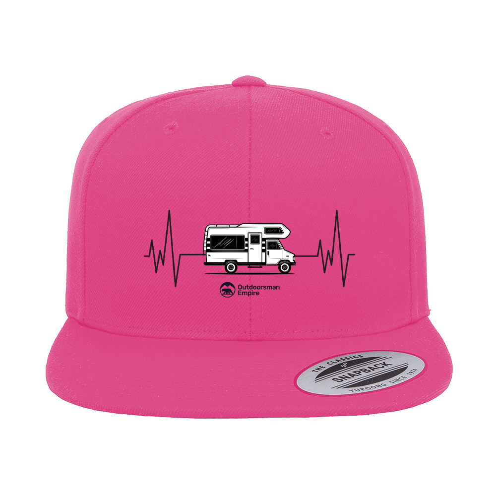 Camping Cardiogram Embroidered Flat Bill Cap featuring a structured design, green under visor, and snapback closure.