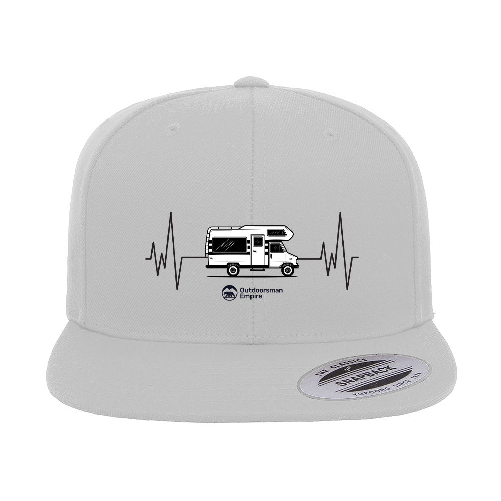 Camping Cardiogram Embroidered Flat Bill Cap featuring a structured design, green under visor, and snapback closure.