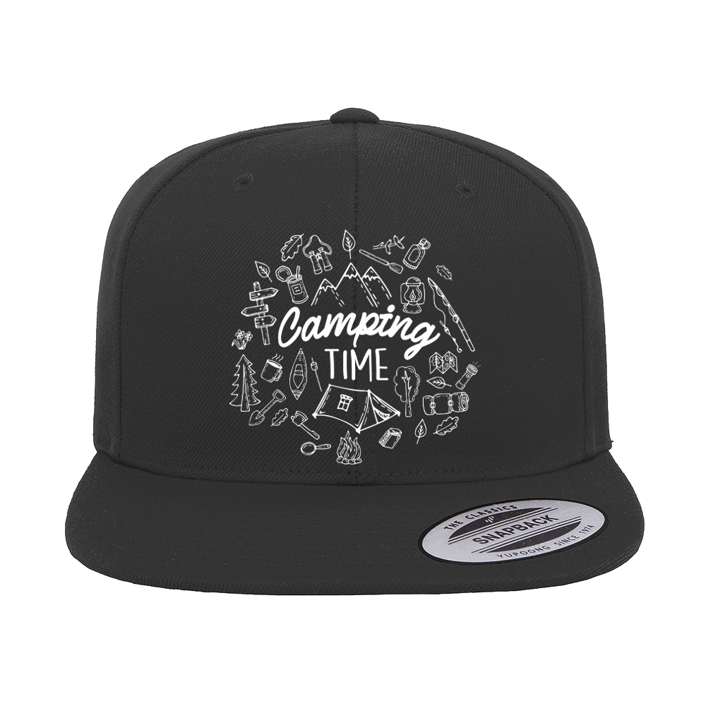 Camping Elements Embroidered Flat Bill Cap featuring a structured design and green under visor, perfect for outdoor activities.