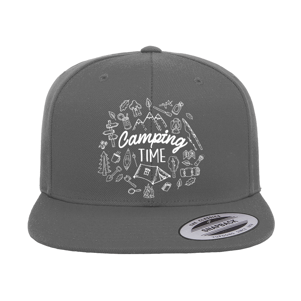 Camping Elements Embroidered Flat Bill Cap featuring a structured design and green under visor, perfect for outdoor activities.