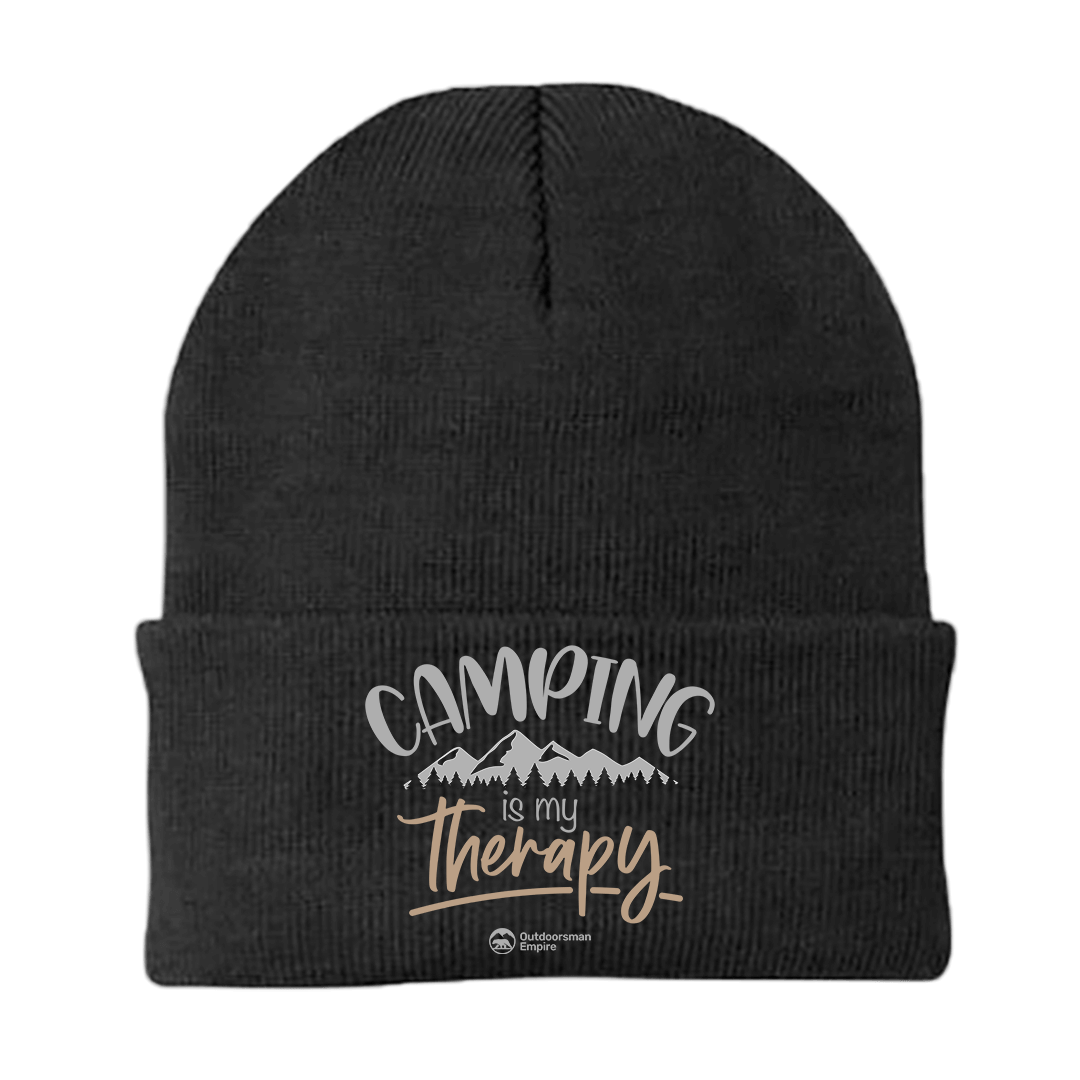 A stylish Camping Is My Therapy Embroidered Beanie in a cozy cotton-acrylic blend, perfect for outdoor adventures.