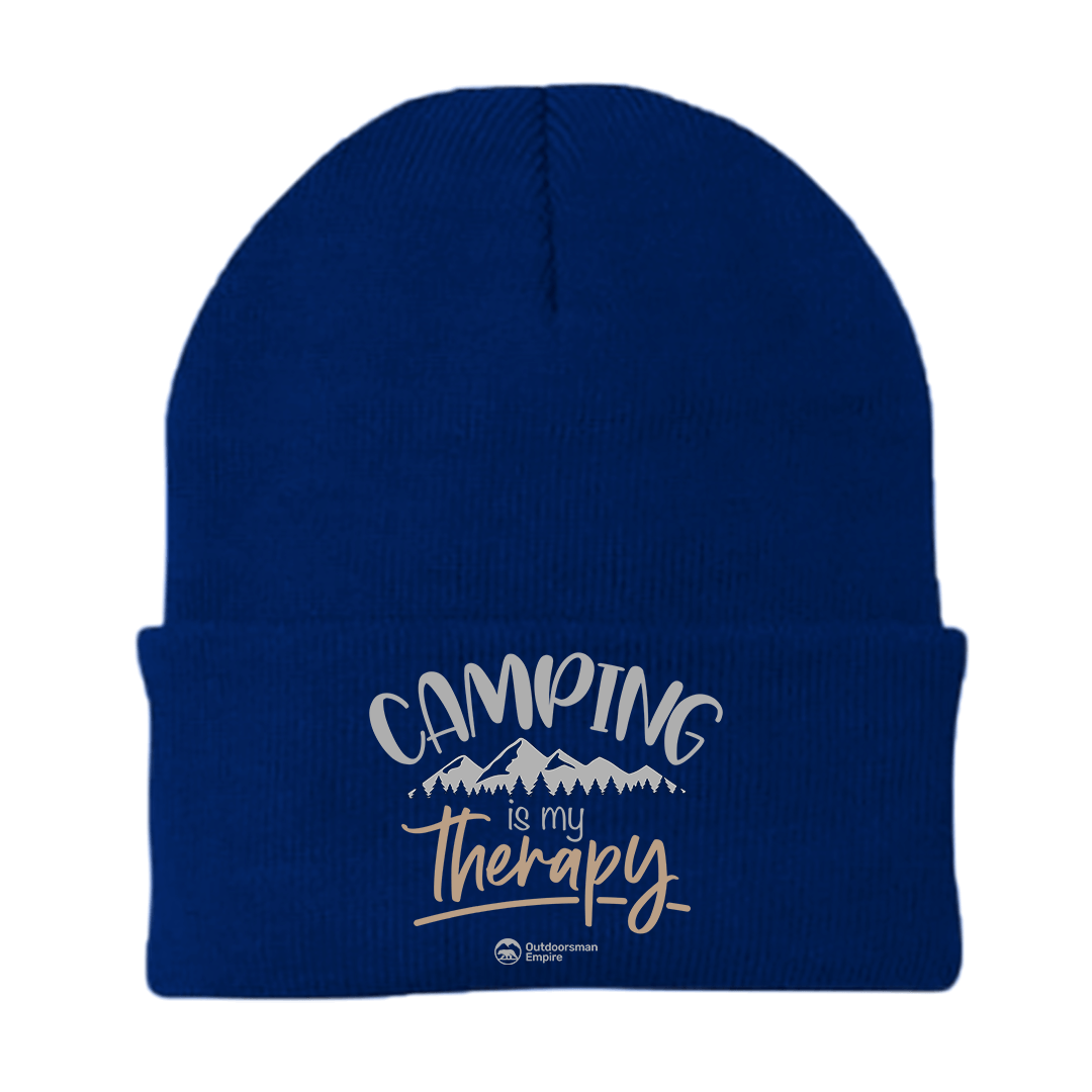 A stylish Camping Is My Therapy Embroidered Beanie in a cozy cotton-acrylic blend, perfect for outdoor adventures.