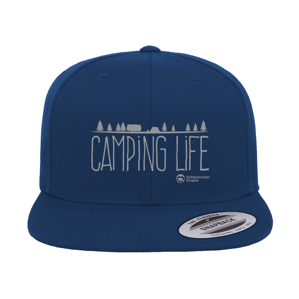 Camping Life Embroidered Flat Bill Cap featuring a structured design, green under visor, and snapback closure, perfect for outdoor enthusiasts.