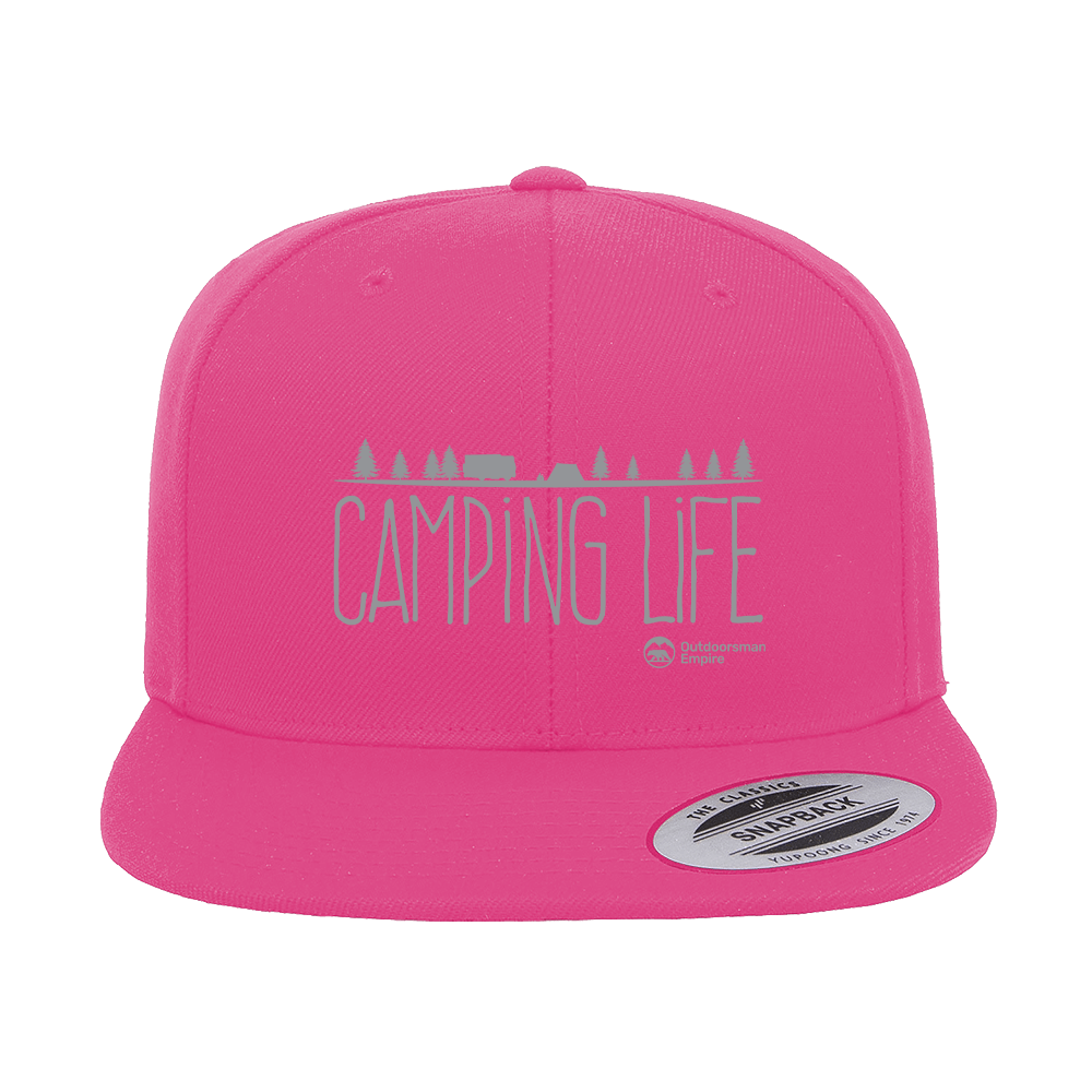 Camping Life Embroidered Flat Bill Cap featuring a structured design, green under visor, and snapback closure, perfect for outdoor enthusiasts.