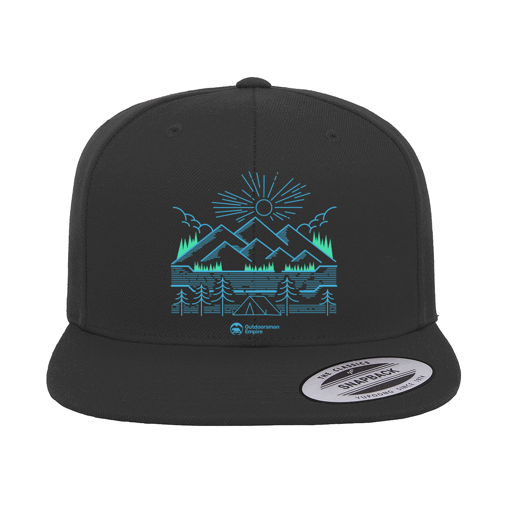 Camping Lines Embroidered Flat Bill Cap featuring a structured design, green under visor, and snapback closure.