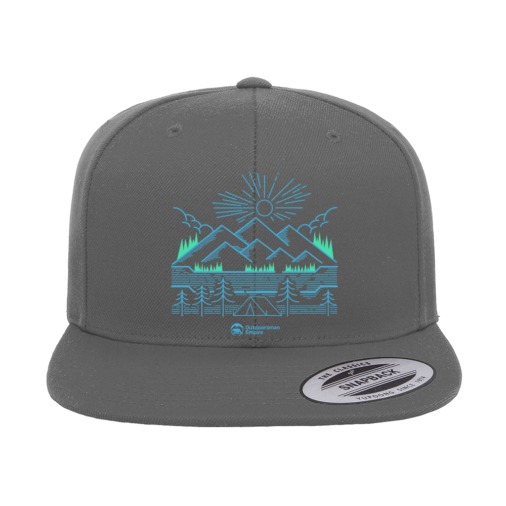 Camping Lines Embroidered Flat Bill Cap featuring a structured design, green under visor, and snapback closure.