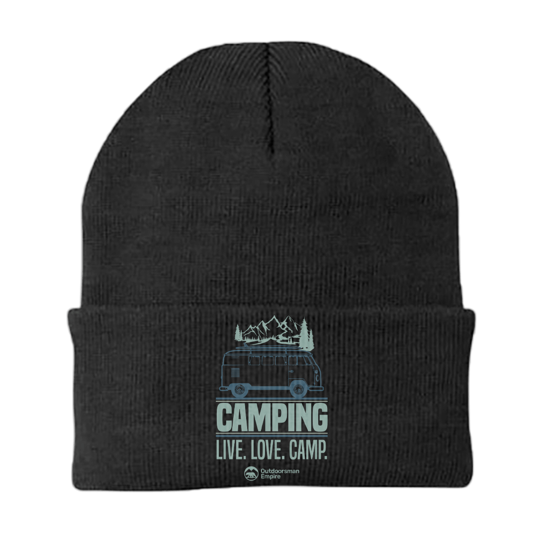 Camping Live Love Camp Embroidered Beanie in a stylish design, perfect for outdoor enthusiasts.