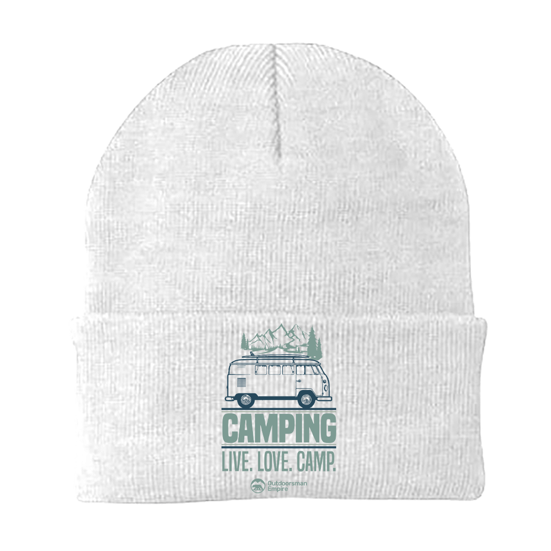 Camping Live Love Camp Embroidered Beanie in a stylish design, perfect for outdoor enthusiasts.