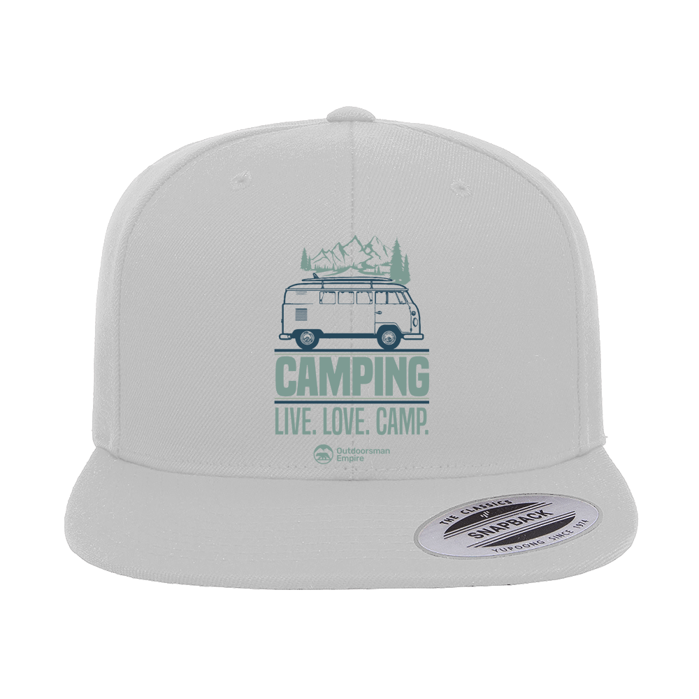 Camping Live Love Camp Embroidered Flat Bill Cap featuring a structured design and green under visor, perfect for outdoor enthusiasts.