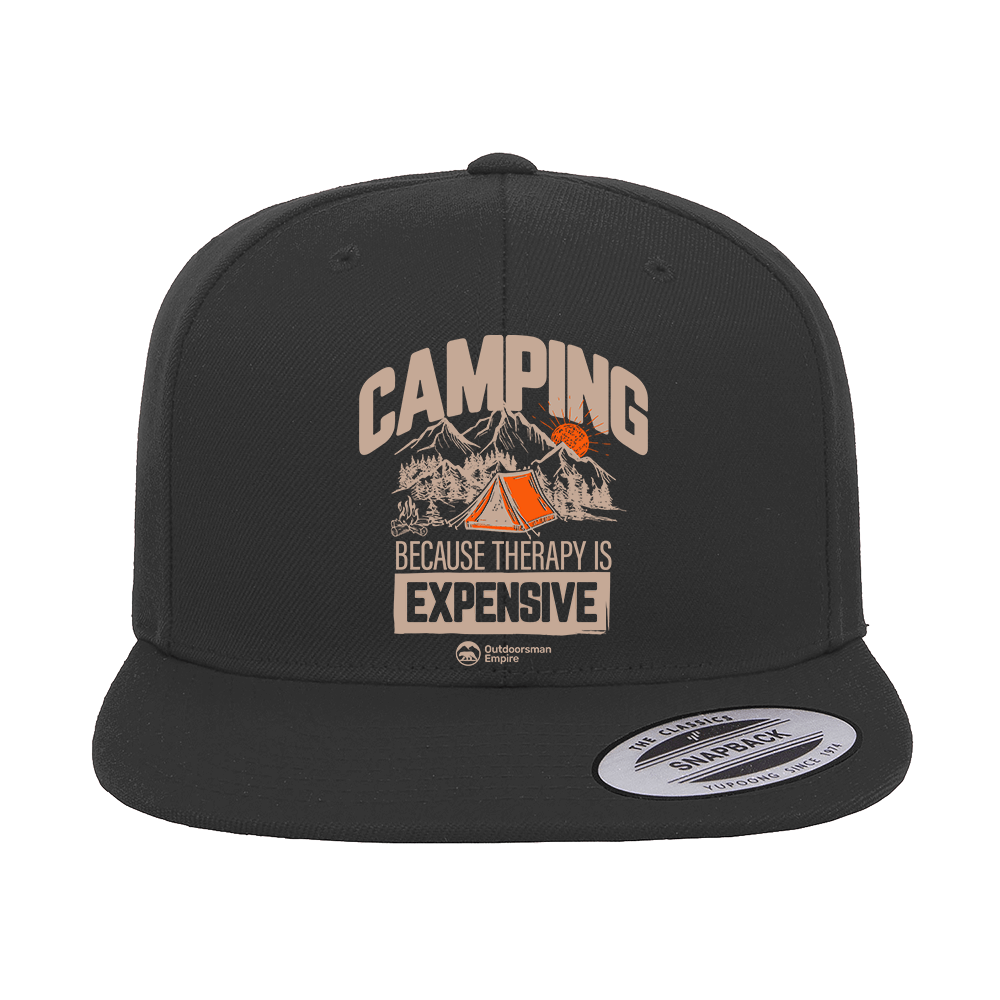 Camping No Expensive Embroidered Flat Bill Cap featuring a structured design, green under visor, and snapback closure.