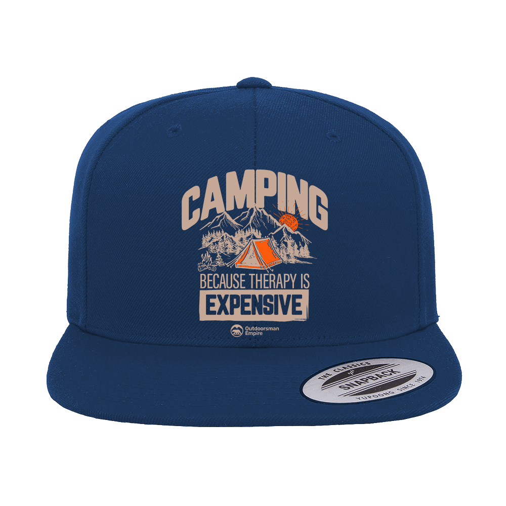 Camping No Expensive Embroidered Flat Bill Cap featuring a structured design, green under visor, and snapback closure.