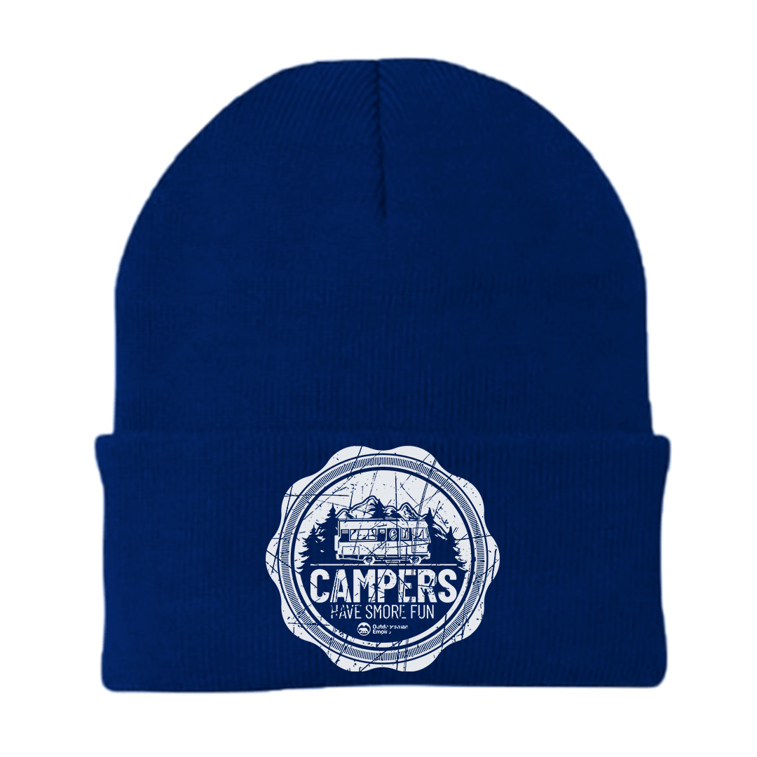 Camping Seal Embroidered Beanie showcasing unique design and comfortable fit, perfect for outdoor activities.