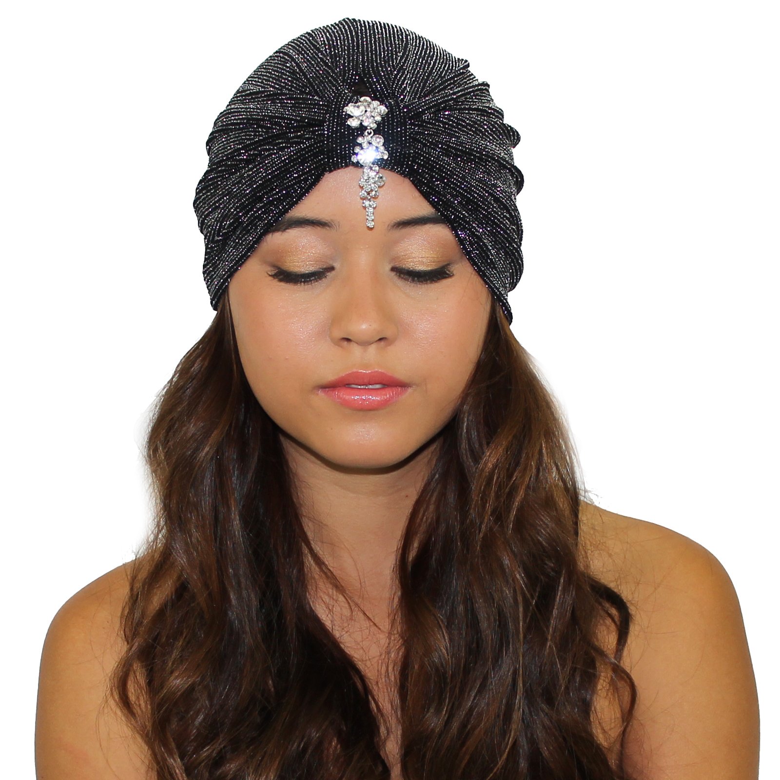 Cascading Crystals Glitter Turban featuring a metallic knit with silver glitter and a Swarovski crystal pendant, designed for a stylish and comfortable fit.