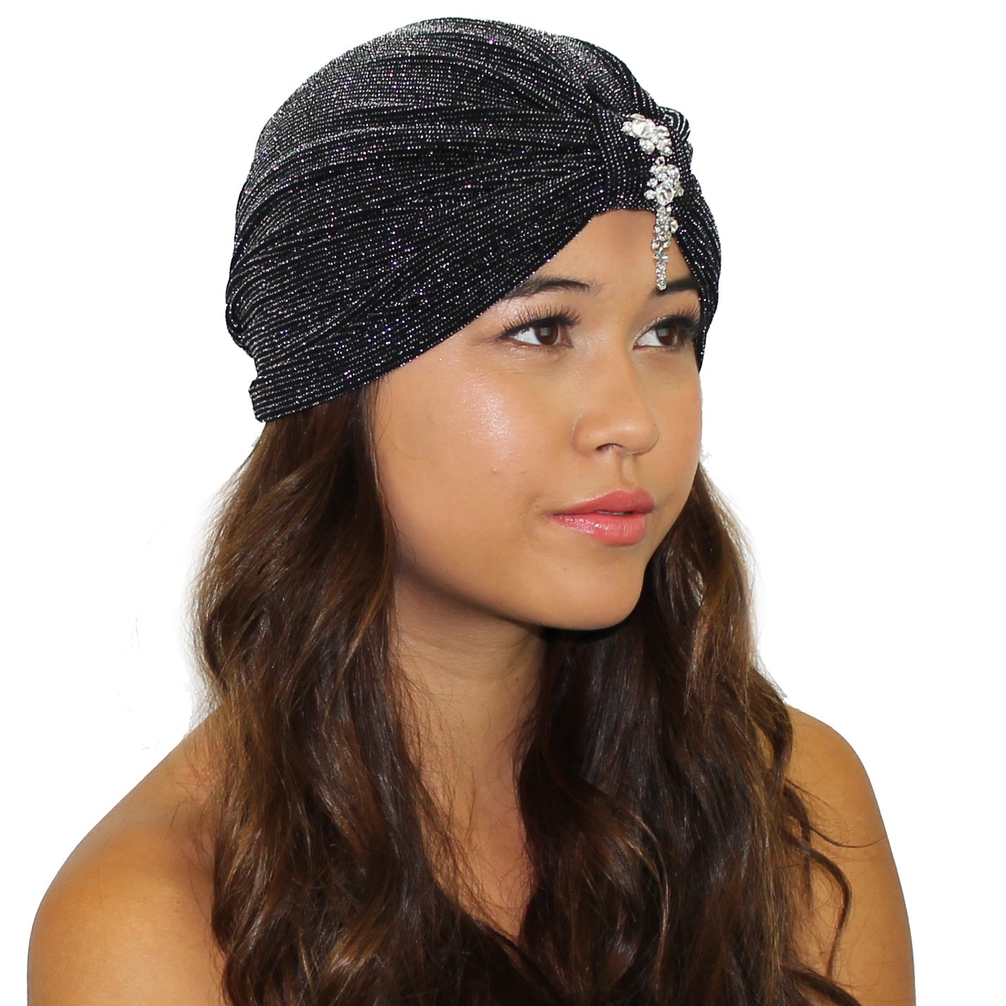 Cascading Crystals Glitter Turban featuring a metallic knit with silver glitter and a Swarovski crystal pendant, designed for a stylish and comfortable fit.