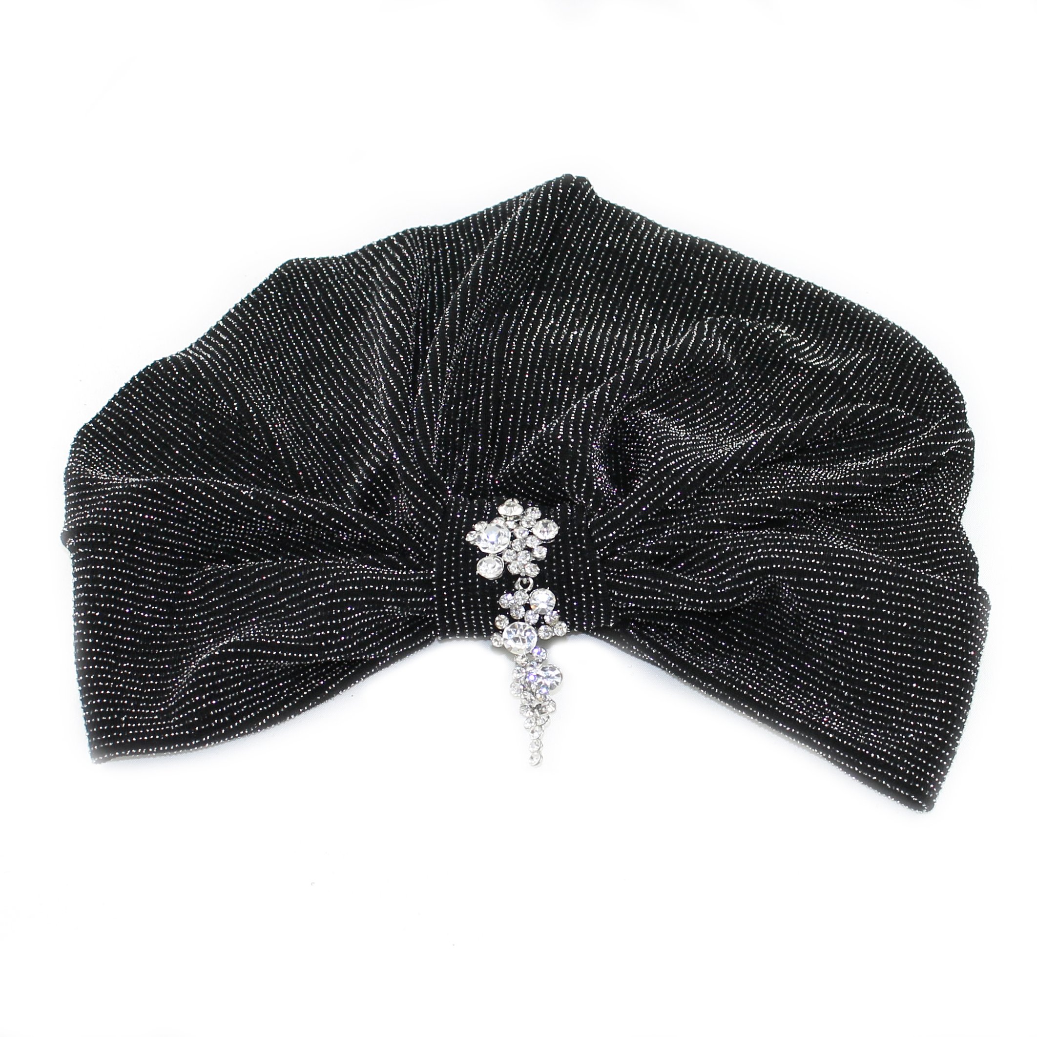 Cascading Crystals Glitter Turban featuring a metallic knit with silver glitter and a Swarovski crystal pendant, designed for a stylish and comfortable fit.