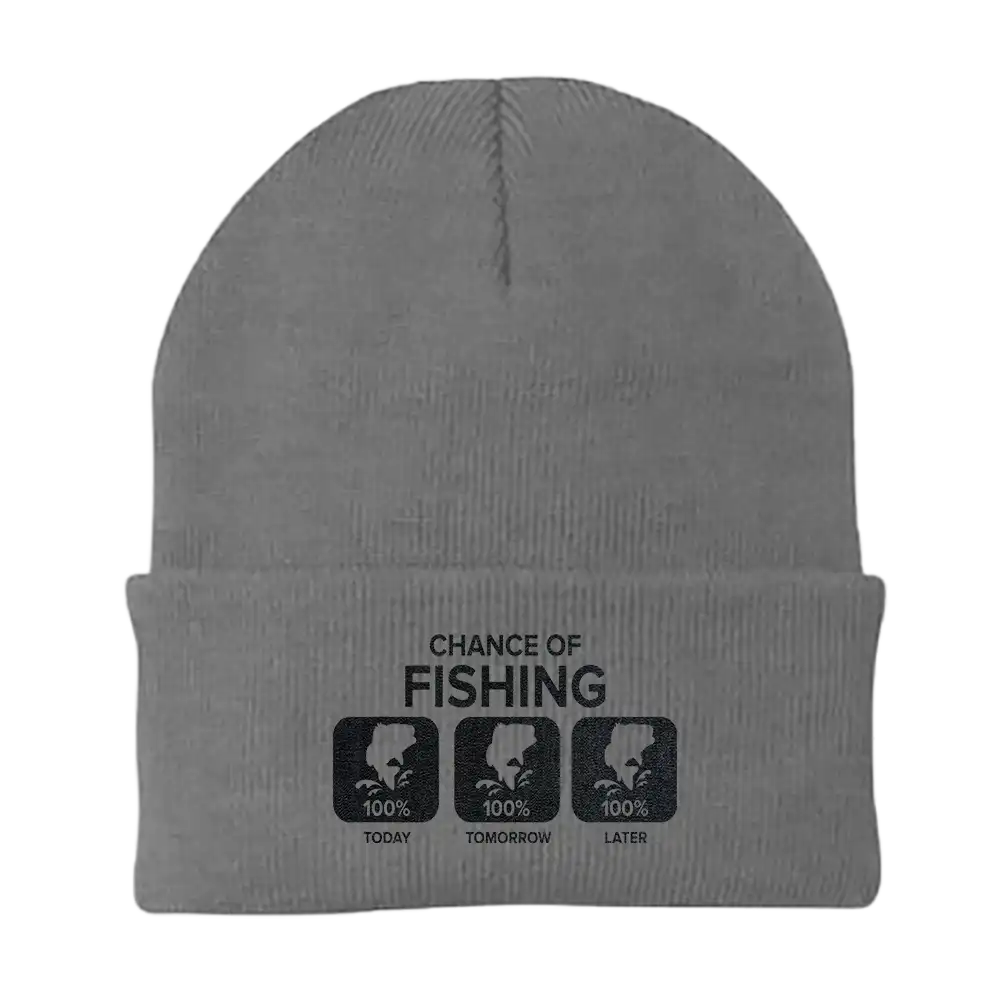 Chance of Fishing Embroidered Beanie featuring a unique fishing design, made from a breathable cotton blend, perfect for outdoor enthusiasts.