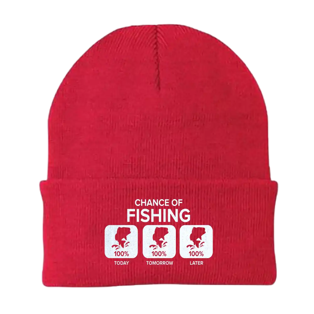 Chance of Fishing Embroidered Beanie featuring a unique fishing design, made from a breathable cotton blend, perfect for outdoor enthusiasts.