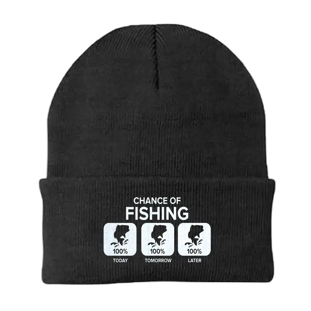 Chance of Fishing Embroidered Beanie featuring a unique fishing design, made from a breathable cotton blend, perfect for outdoor enthusiasts.